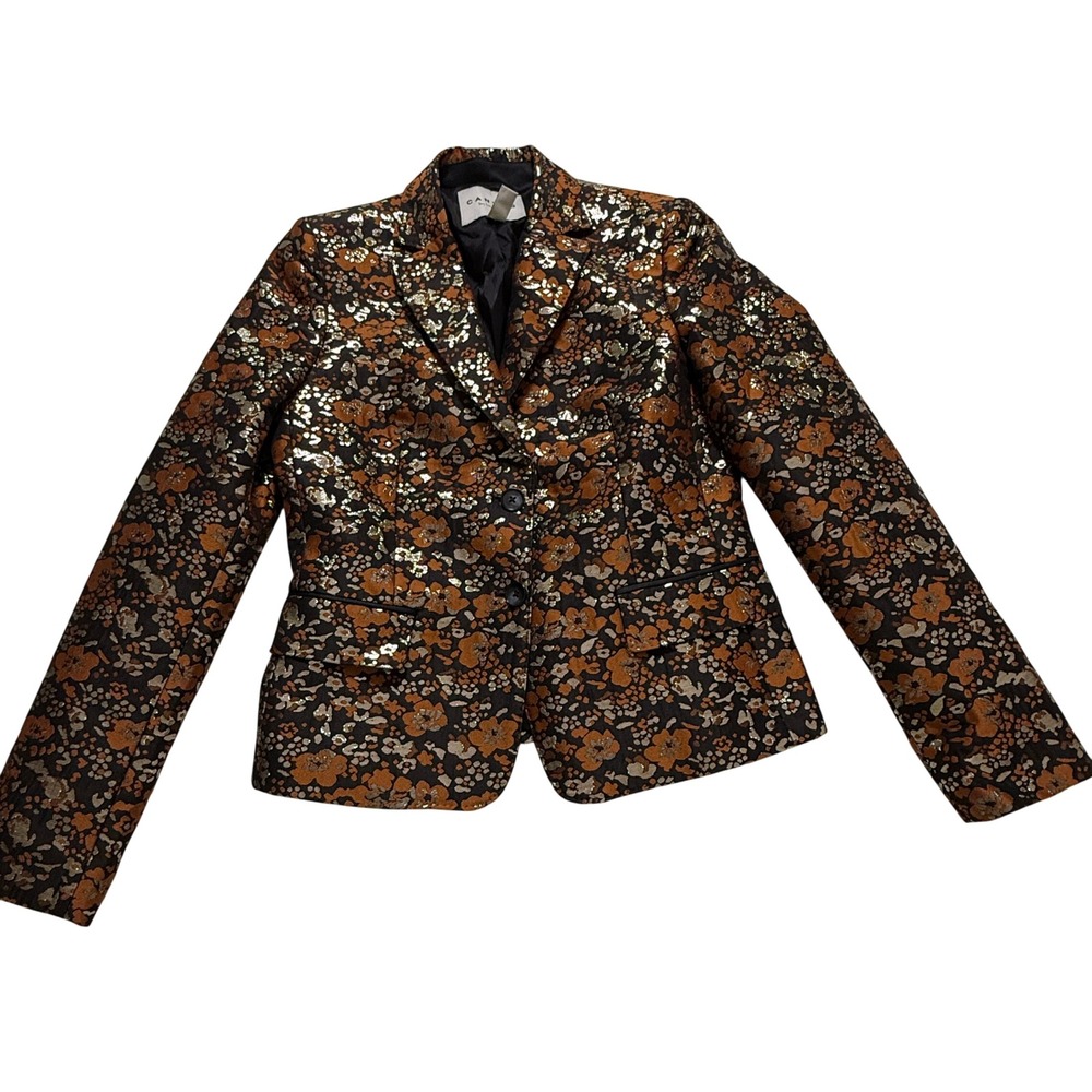 Canvas by Lands End Blazer Wms SZ 2 Brown Orange Metallic Floral Brocade Jacket